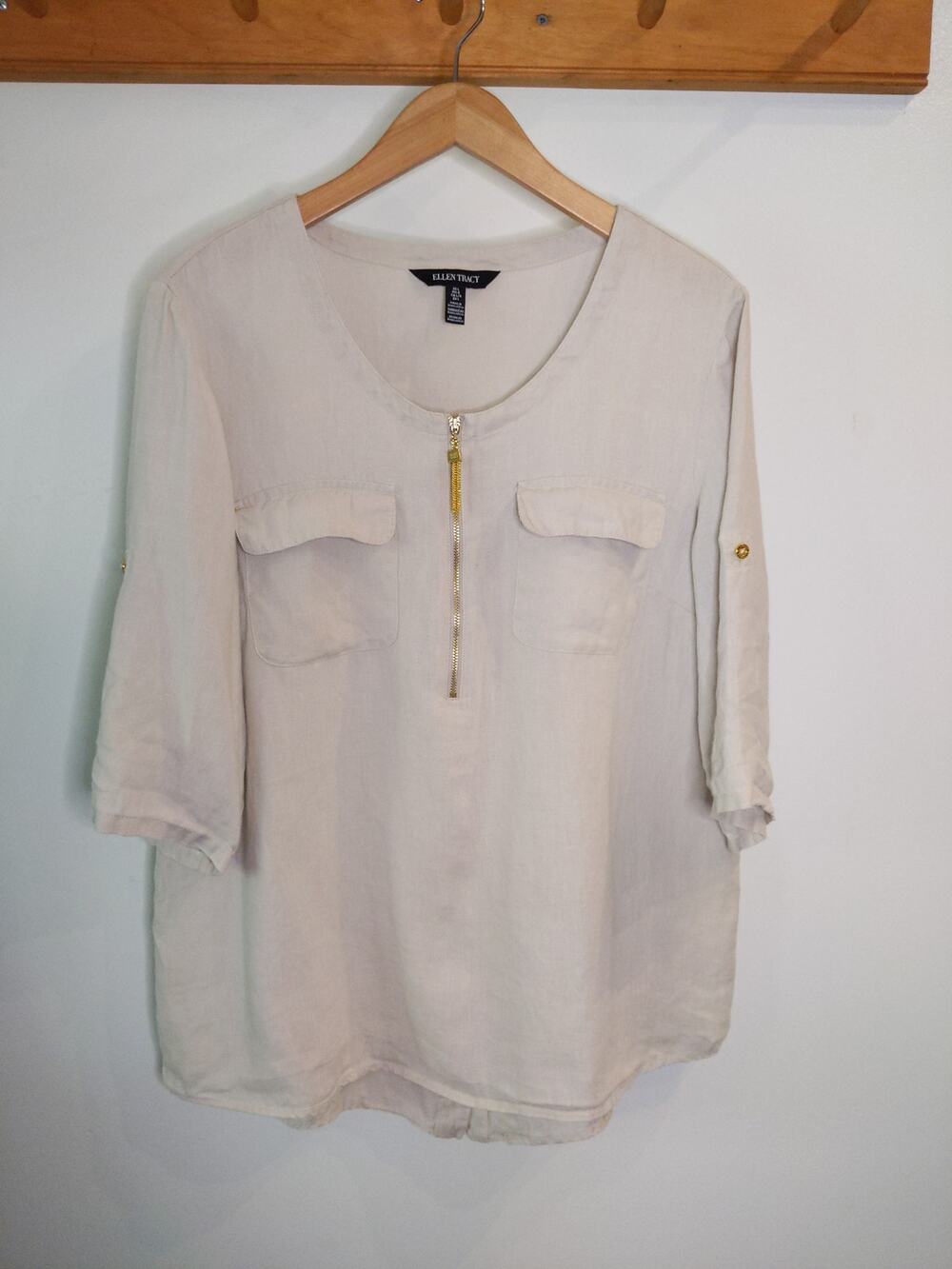 Ellen Tracy Linen Blend Zip Front Tunic Women's L Cream Gold Hardware Roll Tab